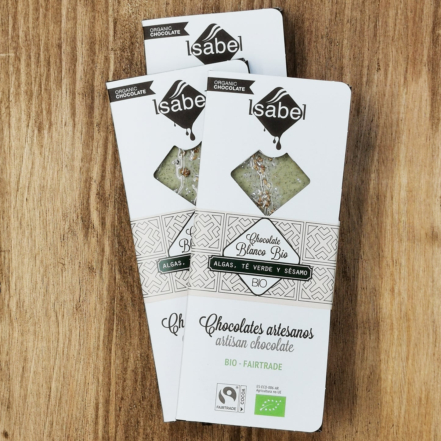 Tableta BIO Chocolate BLANCO con ALGAS, TÉ VERDE y SÉSAMO