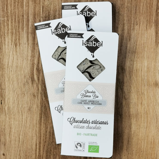 Tableta BIO Chocolate Blanco, CAFÉ ARÁBICA y NUEZ MOSCADA